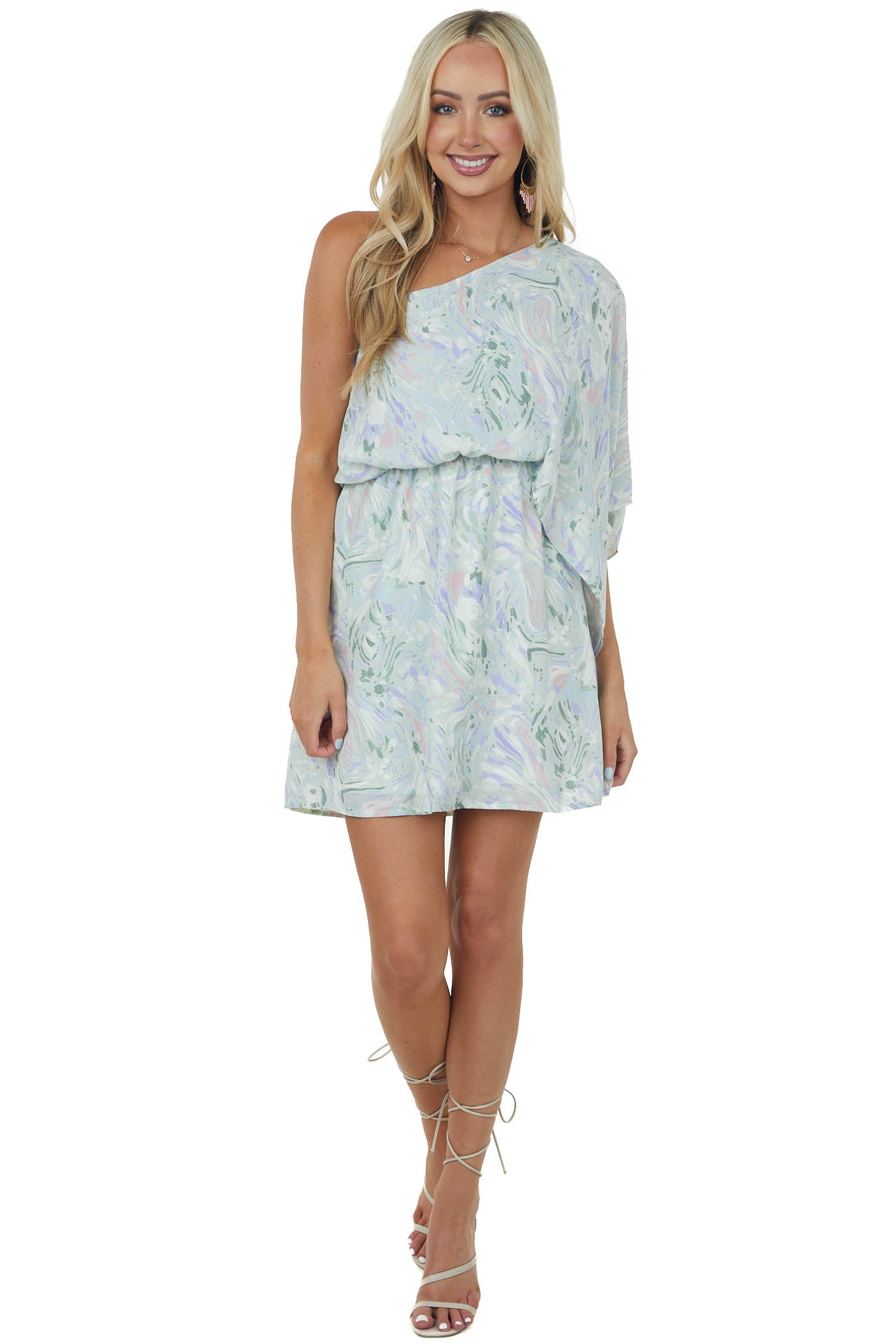 Mint Abstract Print One Shoulder Short Dress