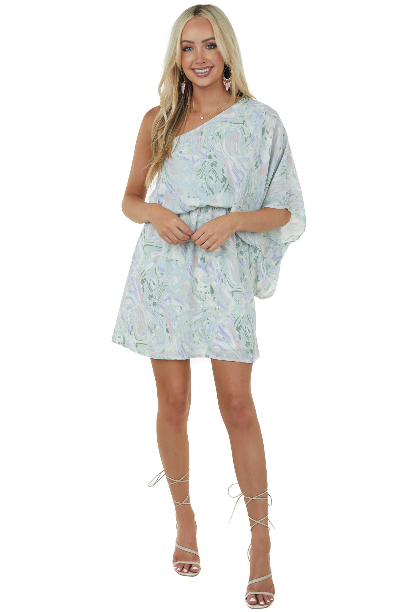 Mint Abstract Print One Shoulder Short Dress