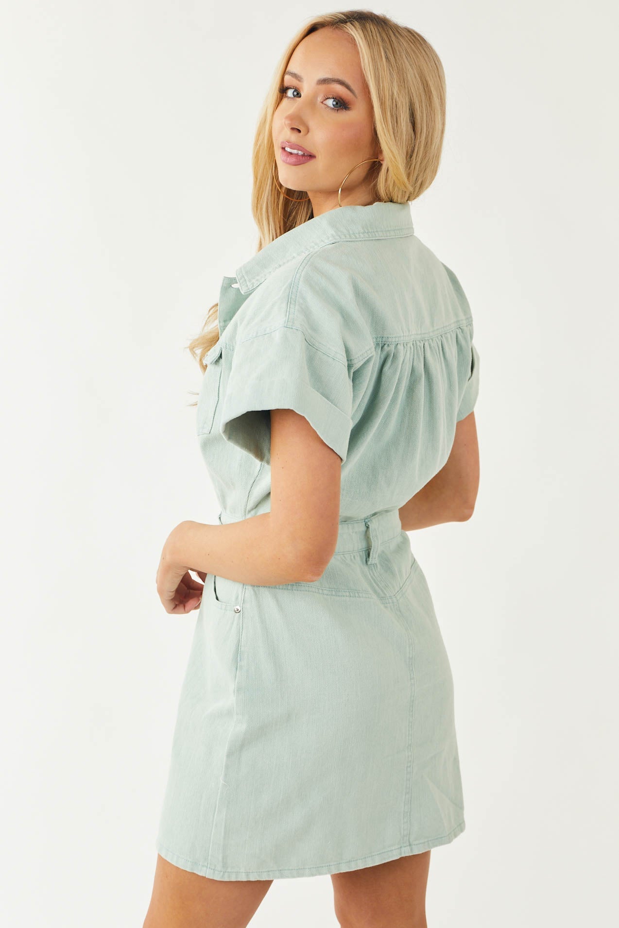 Mint Button Up Short Sleeve Denim Dress