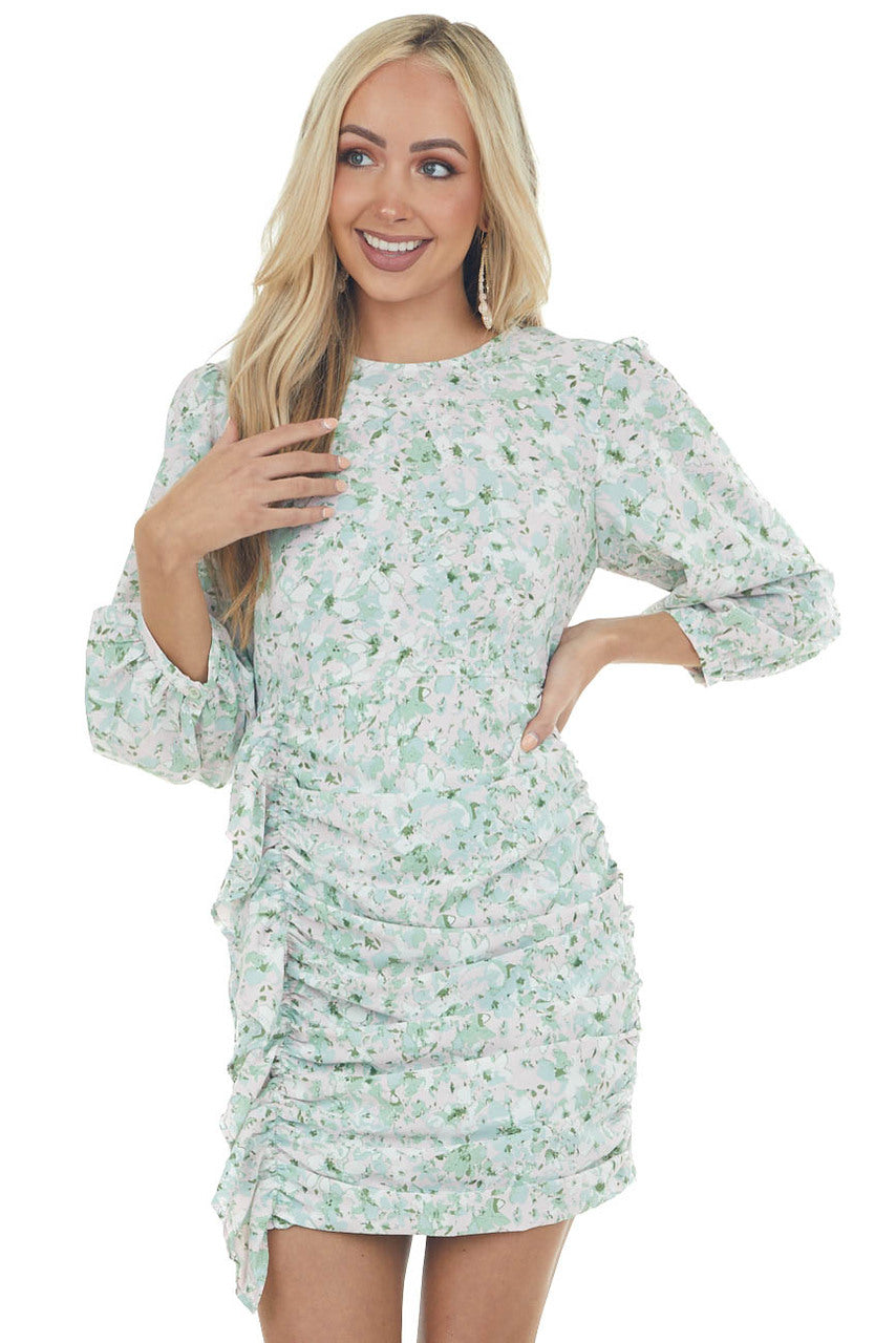Mint Floral Long Sleeve Ruched Short Dress 