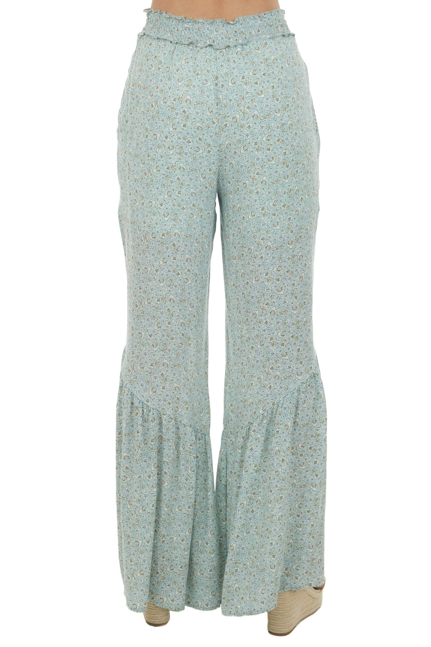 Mint Floral Print Ruffle Hem Wide Leg Pants