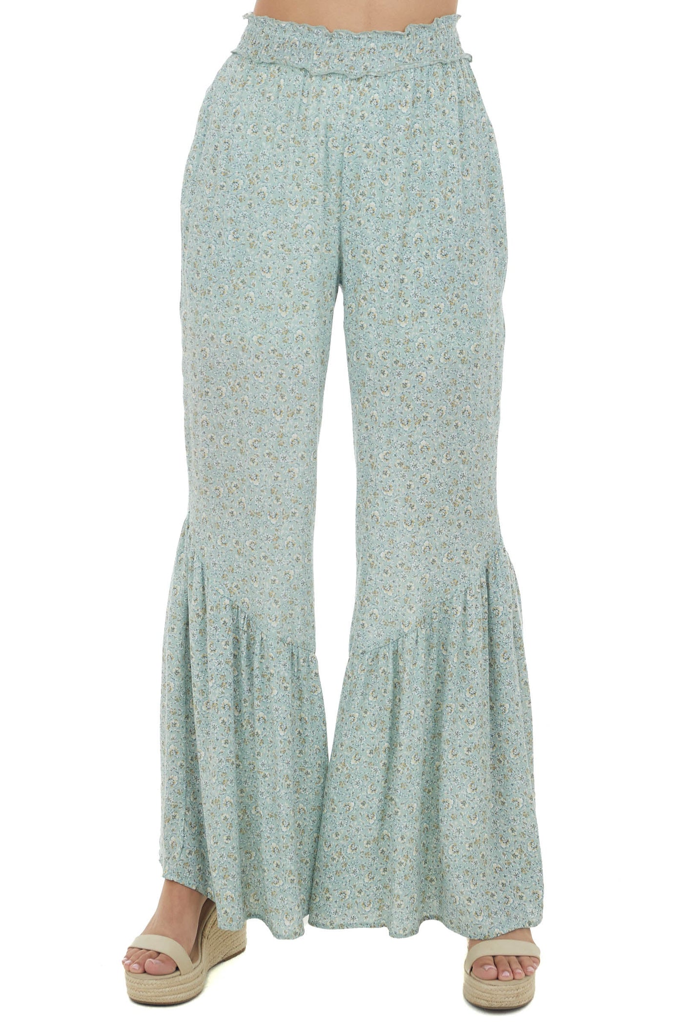 Mint Floral Print Ruffle Hem Wide Leg Pants