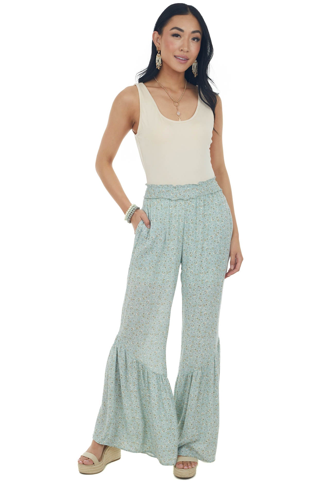 Mint Floral Print Ruffle Hem Wide Leg Pants