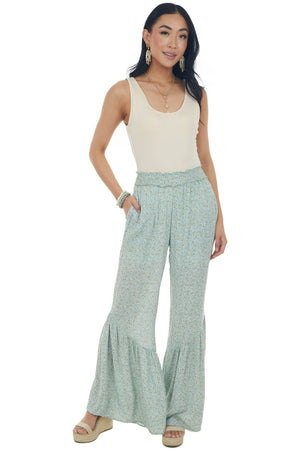 Mint Floral Print Ruffle Hem Wide Leg Pants