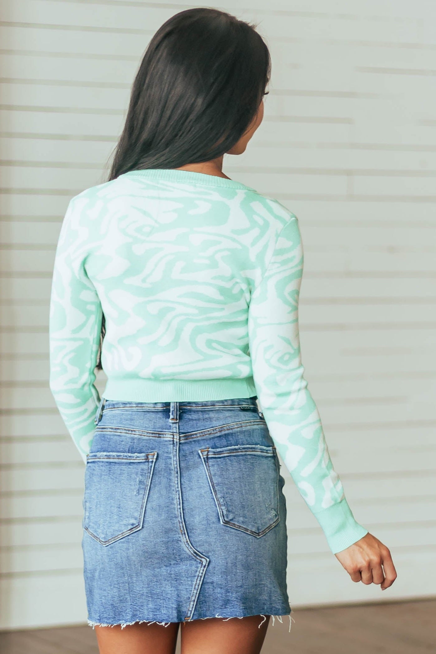 Mint Groovy Print Fitted Button Up Cardigan