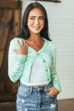 Mint Groovy Print Fitted Button Up Cardigan