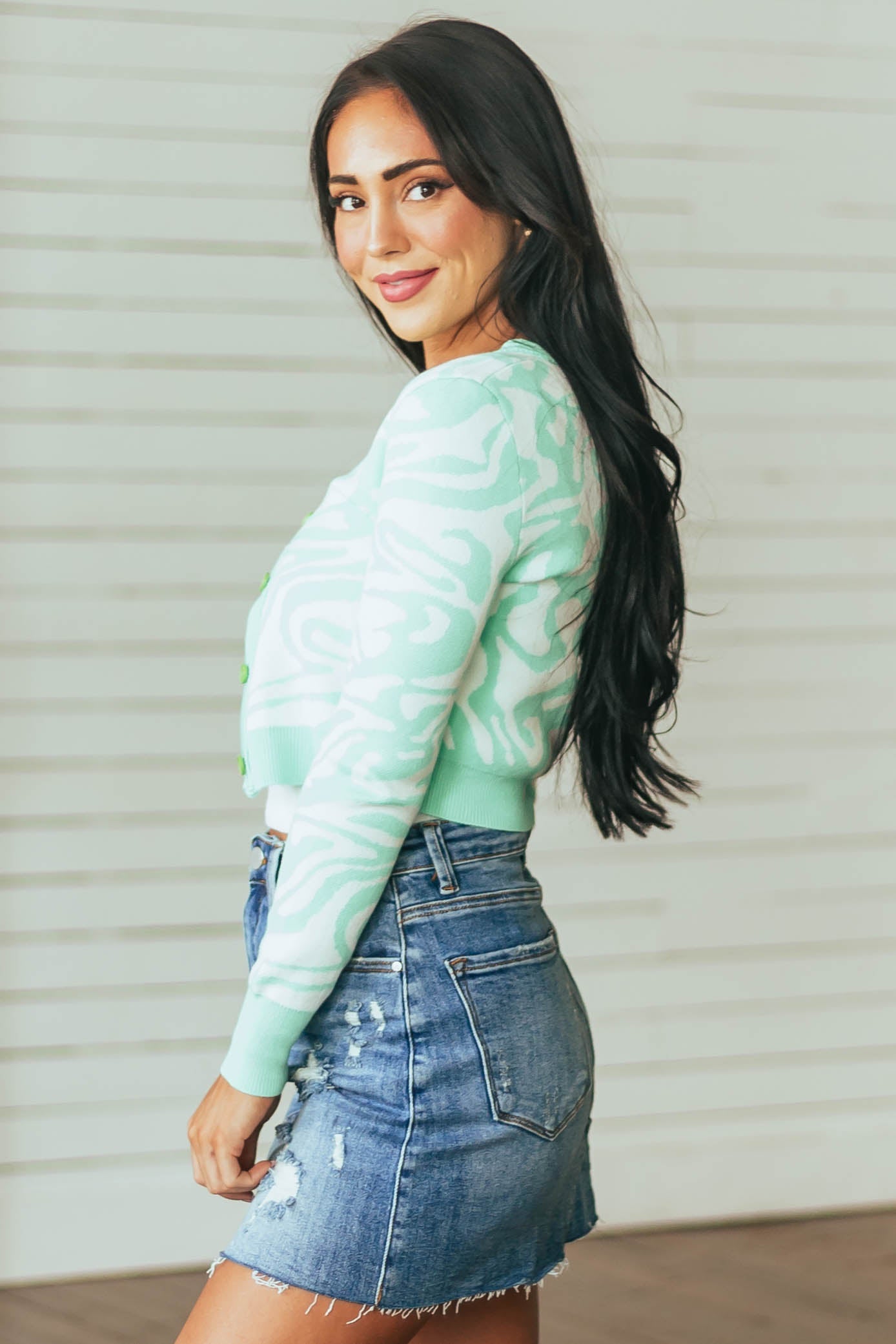 Mint Groovy Print Fitted Button Up Cardigan