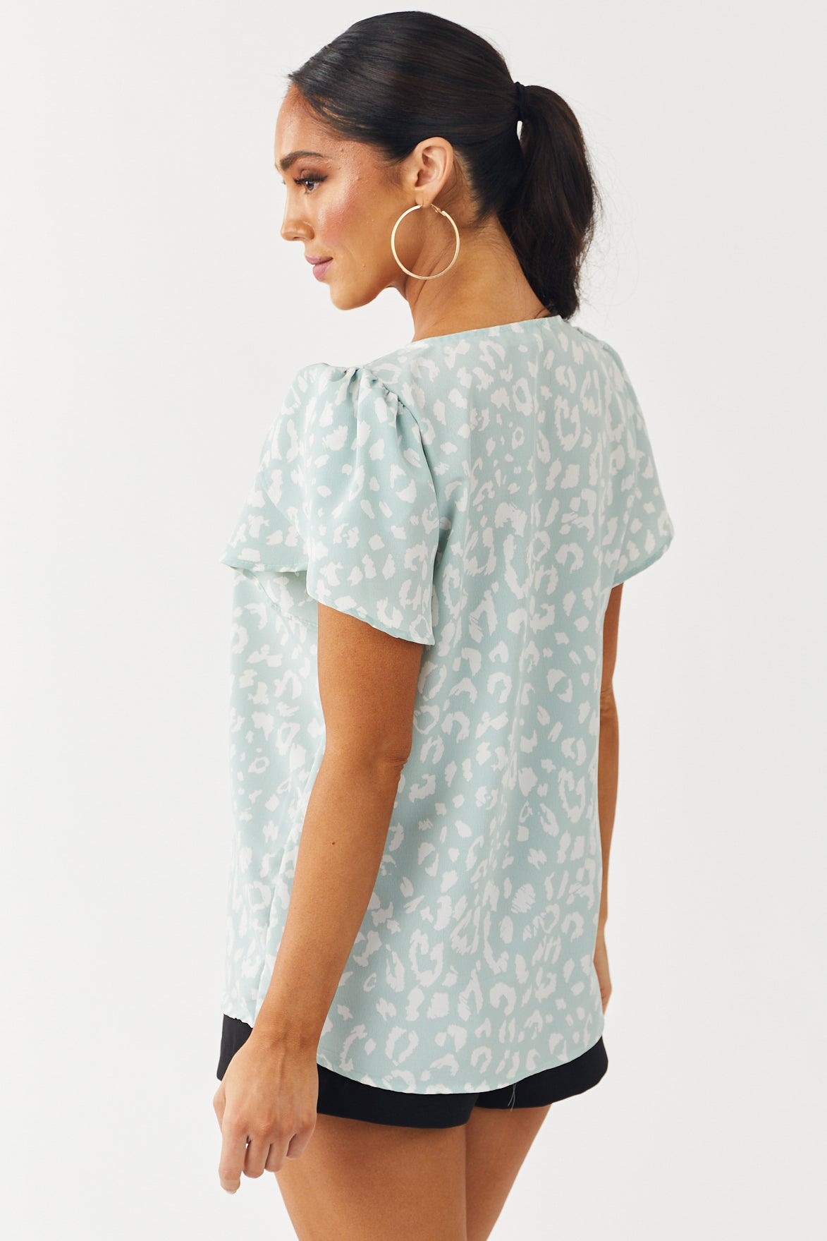 Mint Leopard Print V Neck Tulip Sleeve Blouse