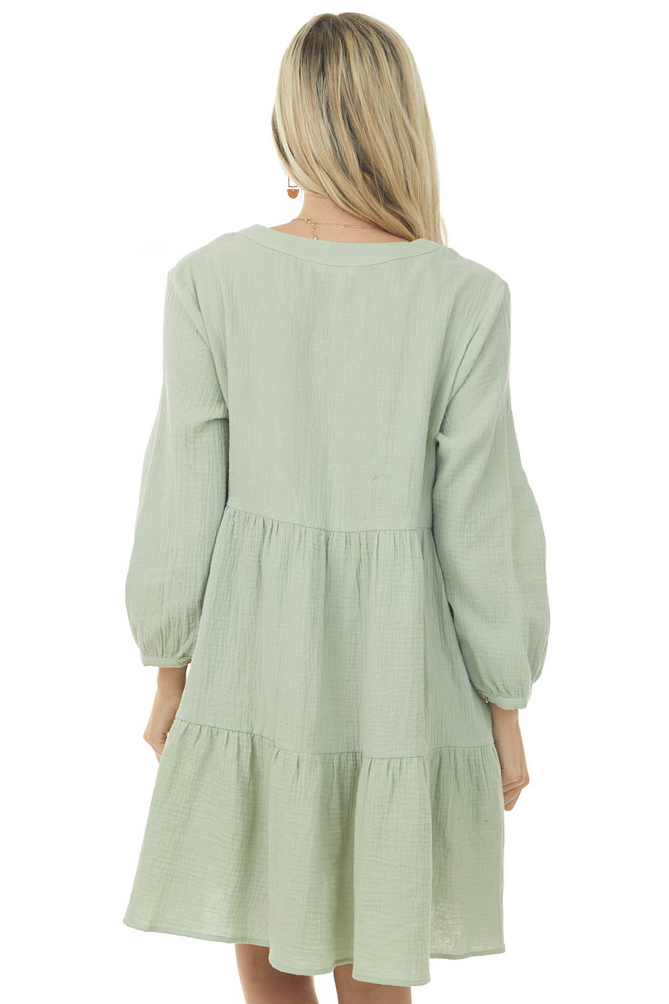 Mint Long Sleeve V Neck Tiered Woven Short Dress