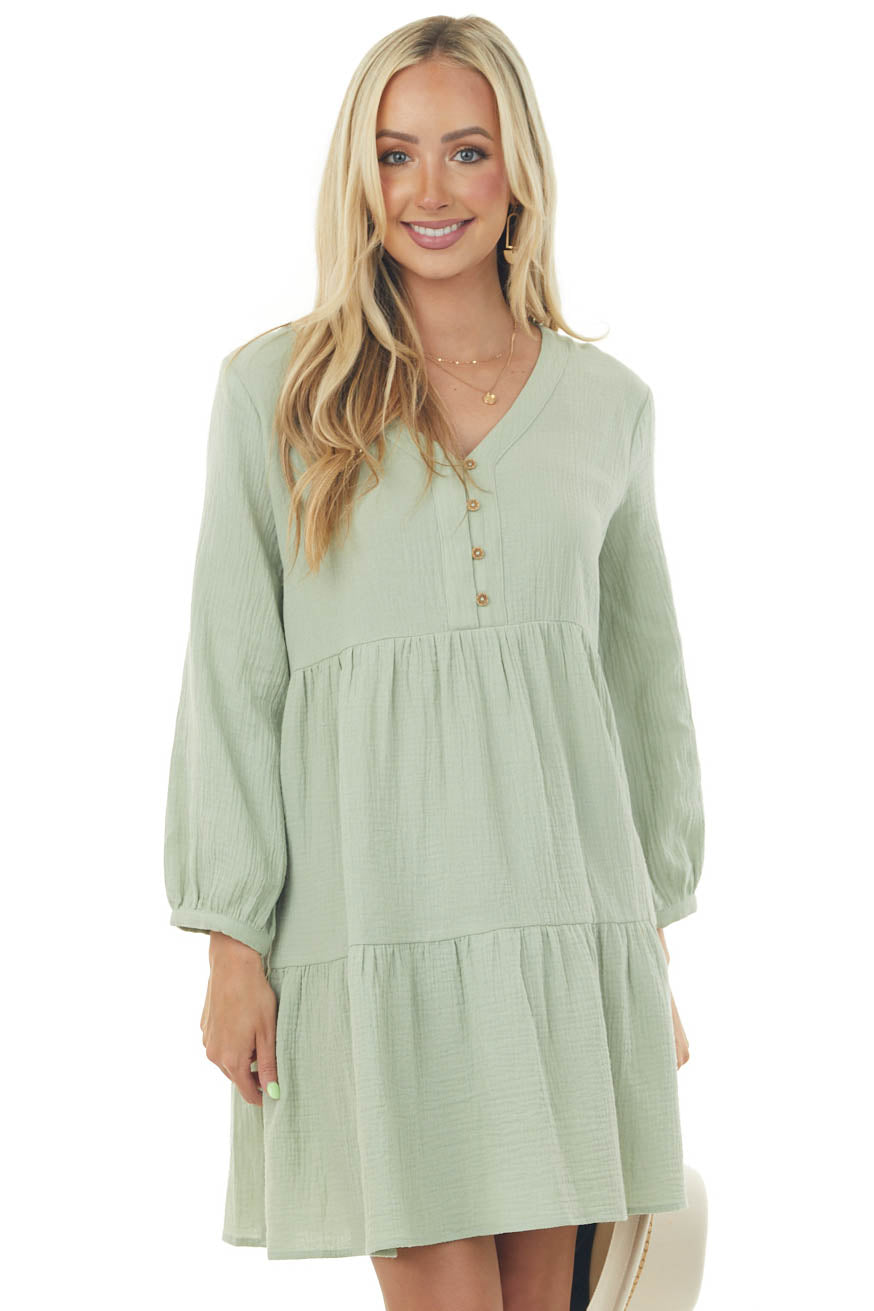 Mint Long Sleeve V Neck Tiered Woven Short Dress