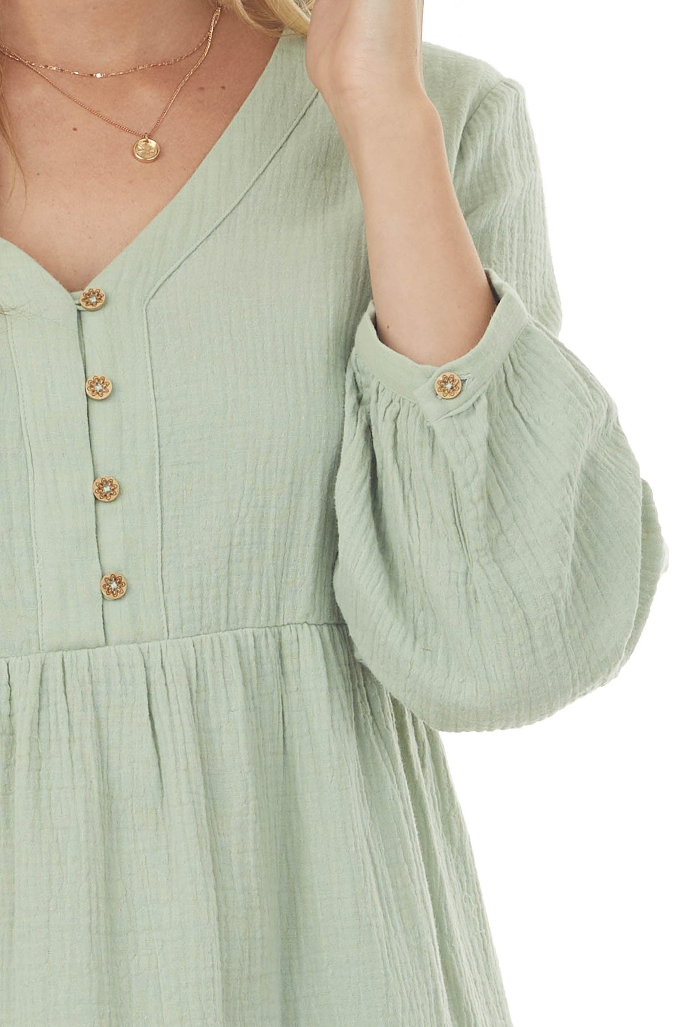 Mint Long Sleeve V Neck Tiered Woven Short Dress