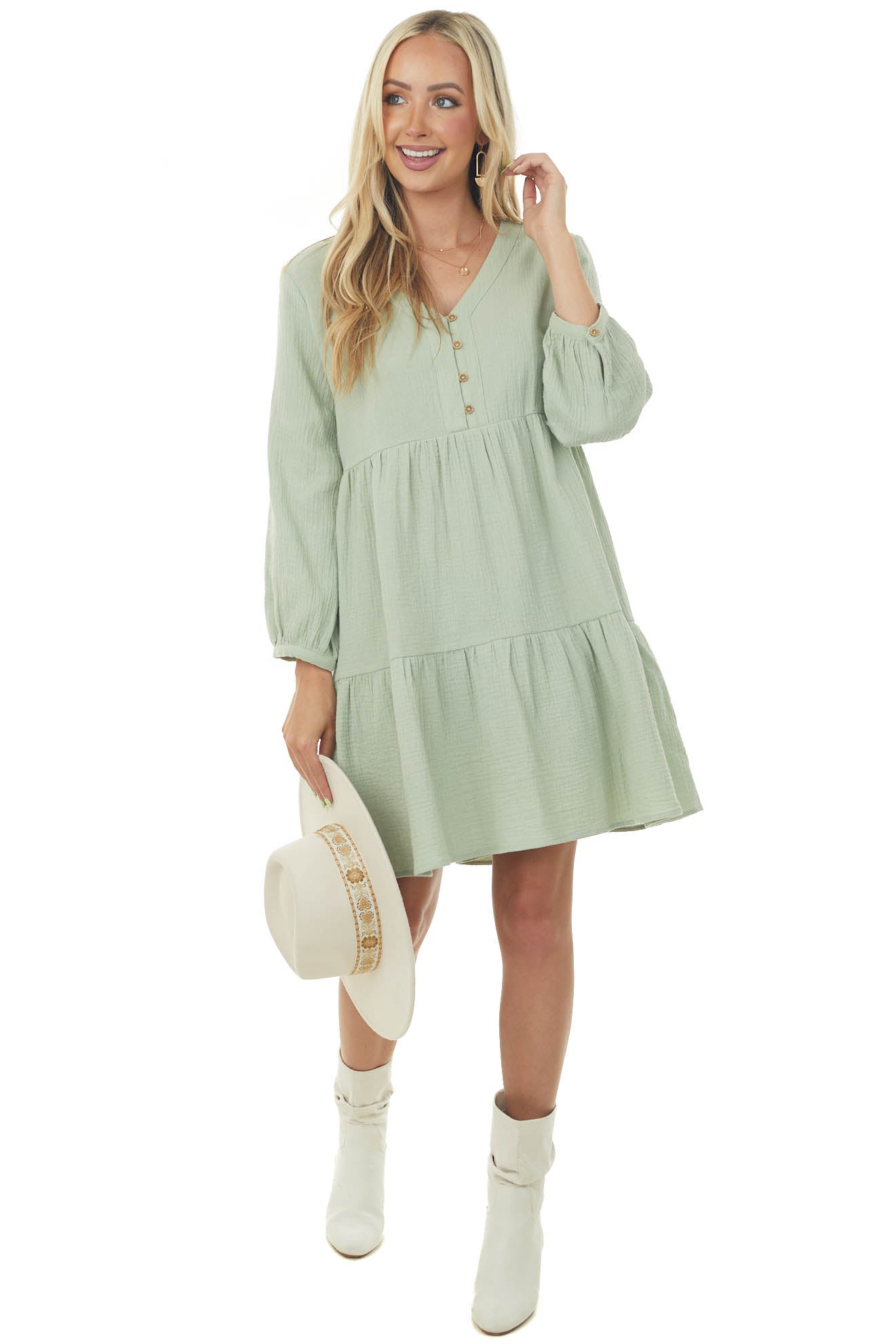 Mint Long Sleeve V Neck Tiered Woven Short Dress