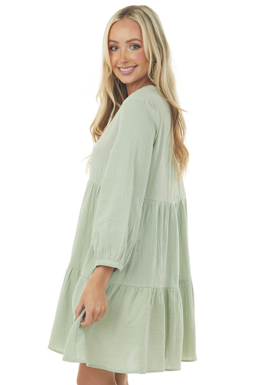 Mint Long Sleeve V Neck Tiered Woven Short Dress