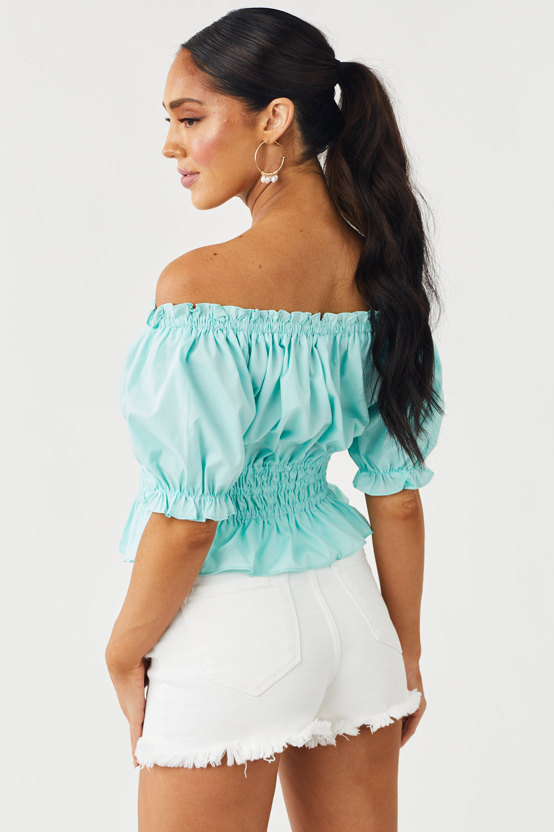 Mint Off Shoulder Puff Sleeve Peplum Blouse