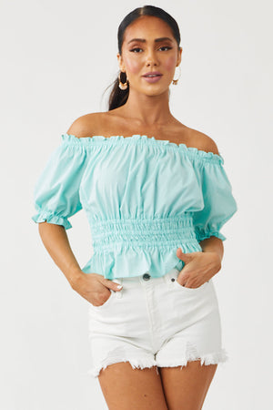 Mint Off Shoulder Puff Sleeve Peplum Blouse