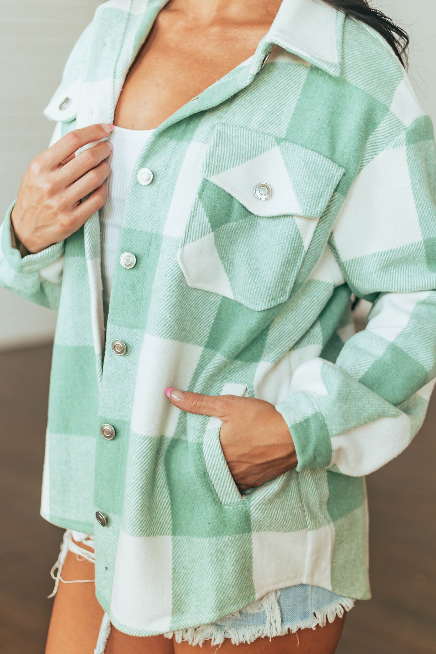 Mint Plaid Chest Pocket Soft Shacket