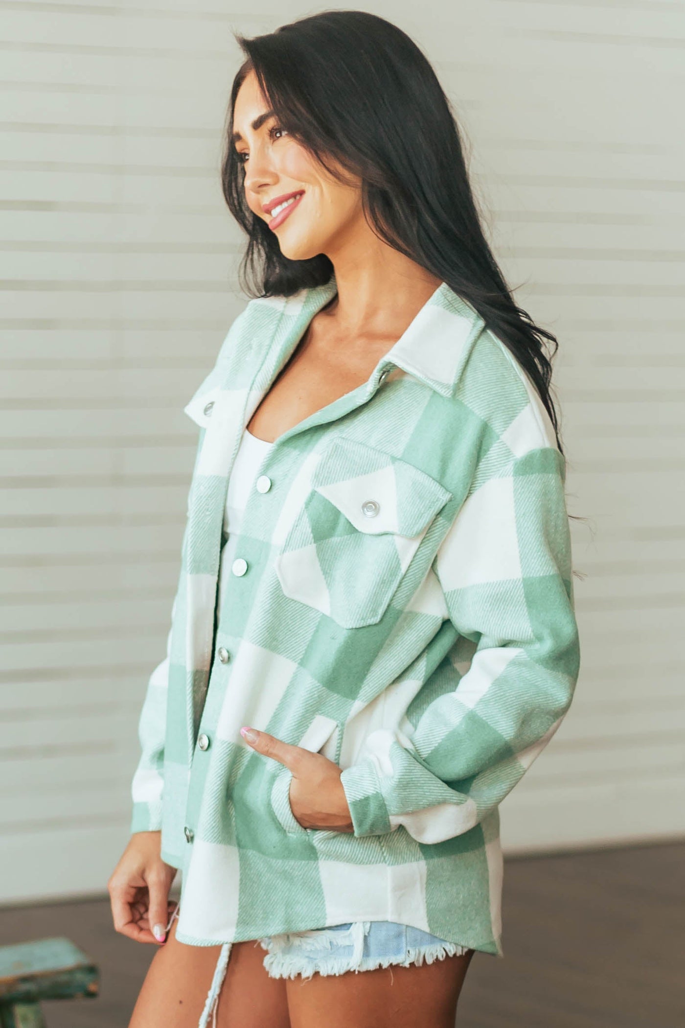 Mint Plaid Chest Pocket Soft Shacket