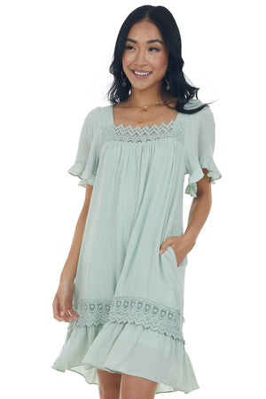 Mint Square Neck Mini Dress with Lace Details