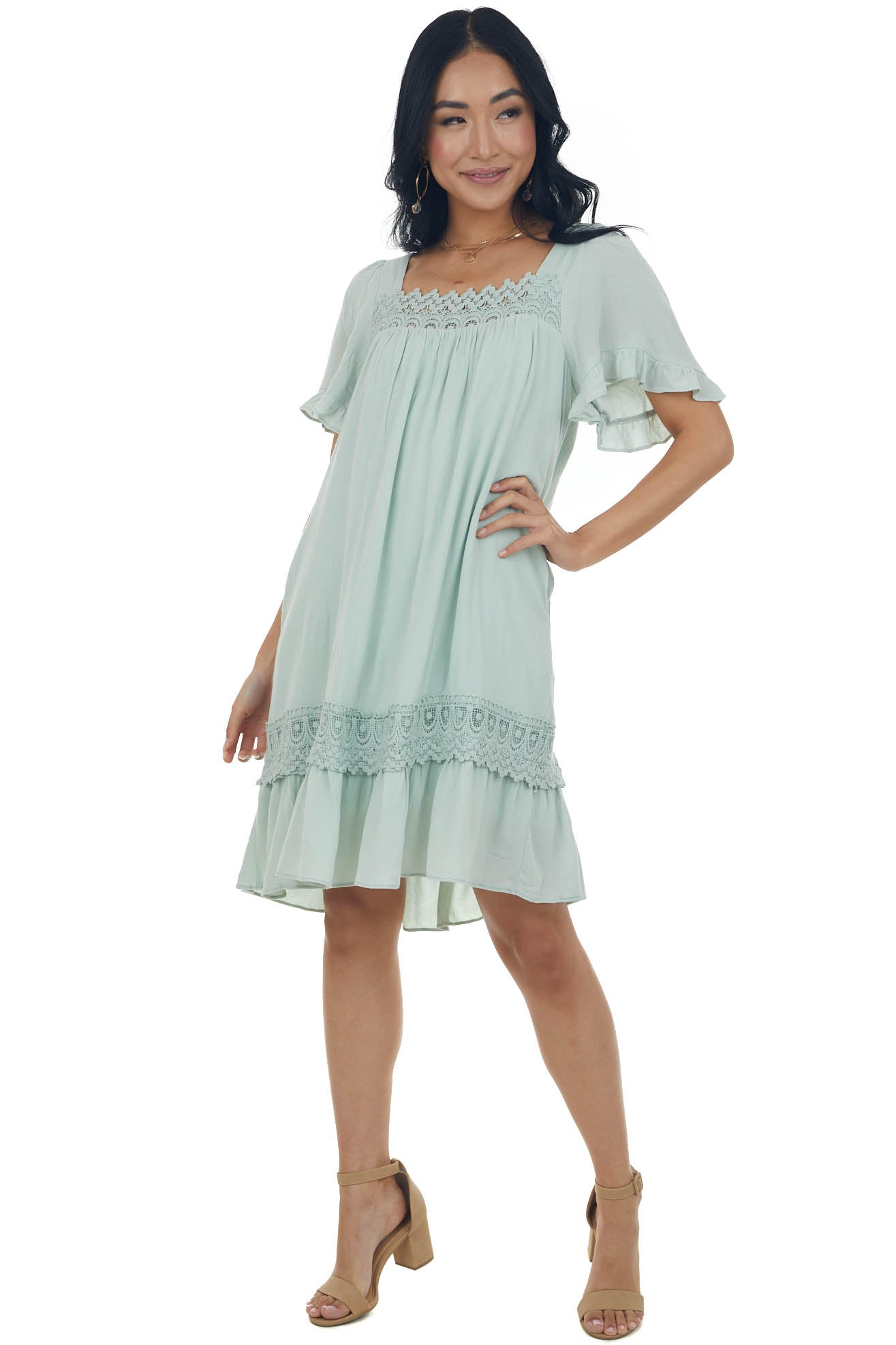 Mint Square Neck Mini Dress with Lace Details