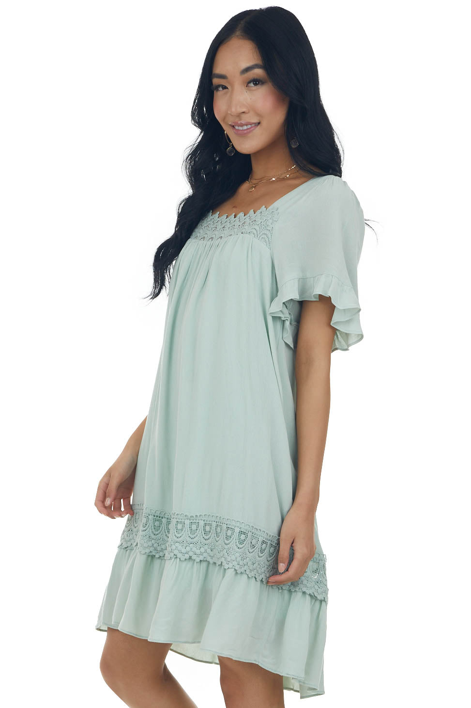 Mint Square Neck Mini Dress with Lace Details