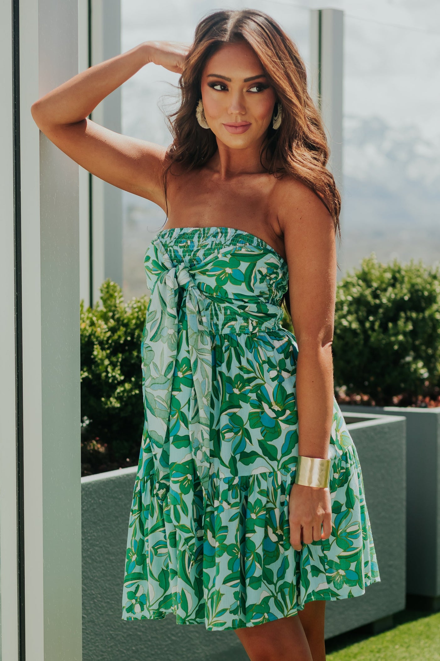 Mint Strapless Smocked Front Tie Mini Dress