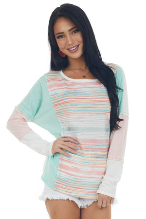 Mint Striped Colorblock Top with Long Sleeve