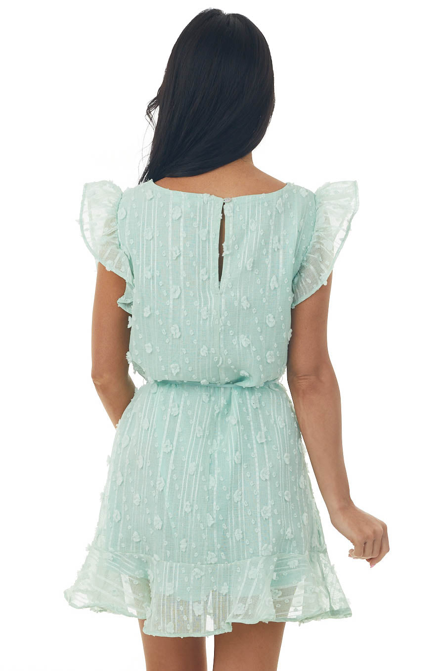 Mint Swiss Dot Ruffle Hem Woven Shift Dress