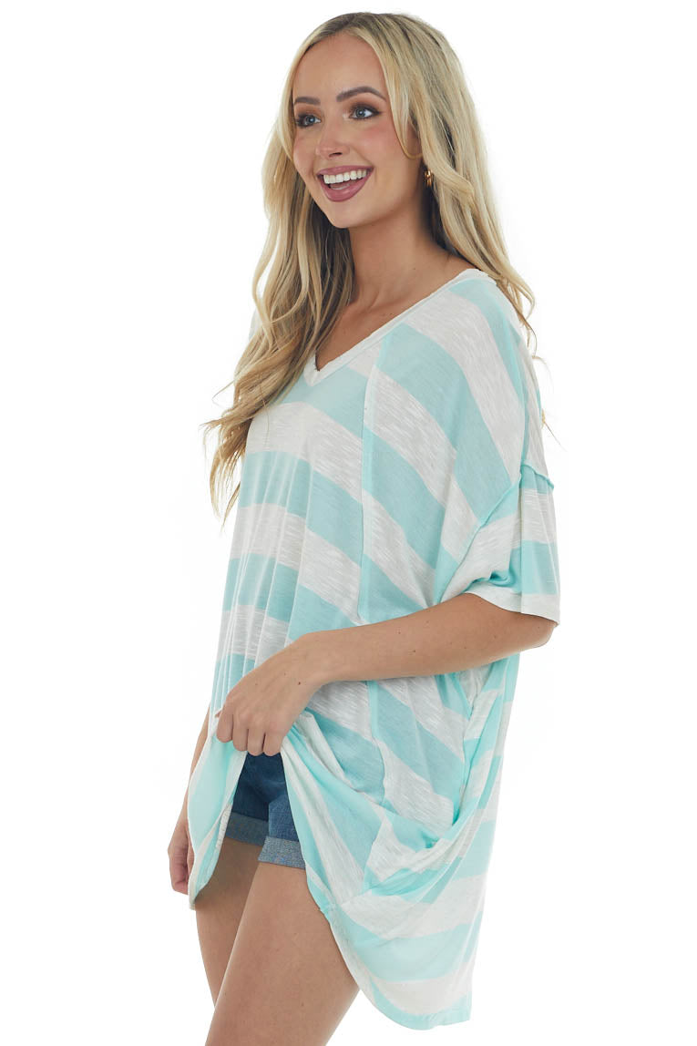 Mint and Ivory Striped Oversized Top with Pockets