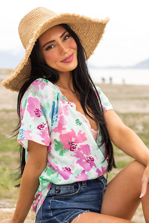 Mint Floral Short Sleeve Surplice Blouse