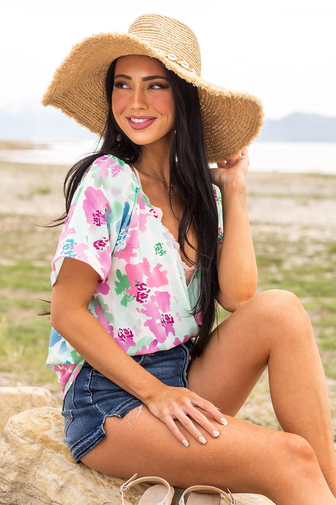 Mint Floral Short Sleeve Surplice Blouse