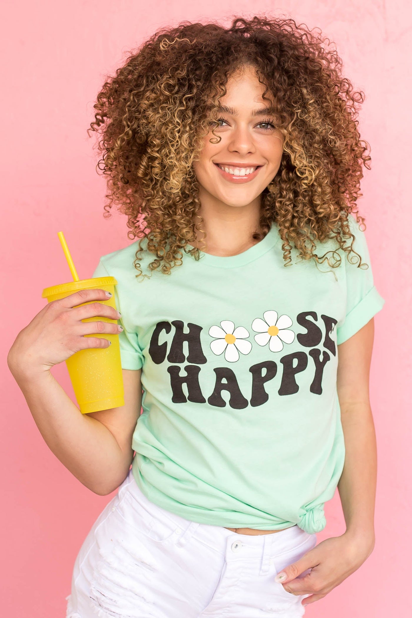 Mint 'Choose Happy' Flower Graphic Tee Shirt