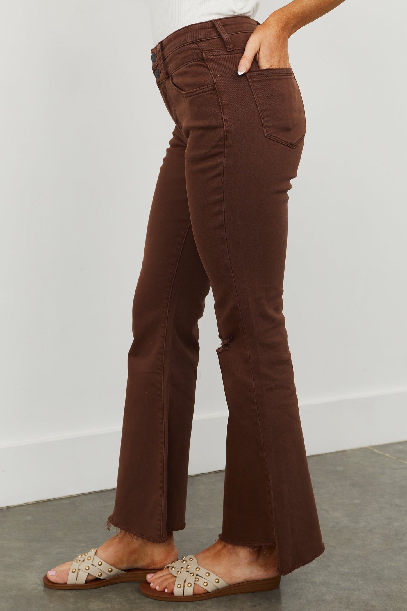 Mocha High Rise Lightly Distressed Flare Jeans