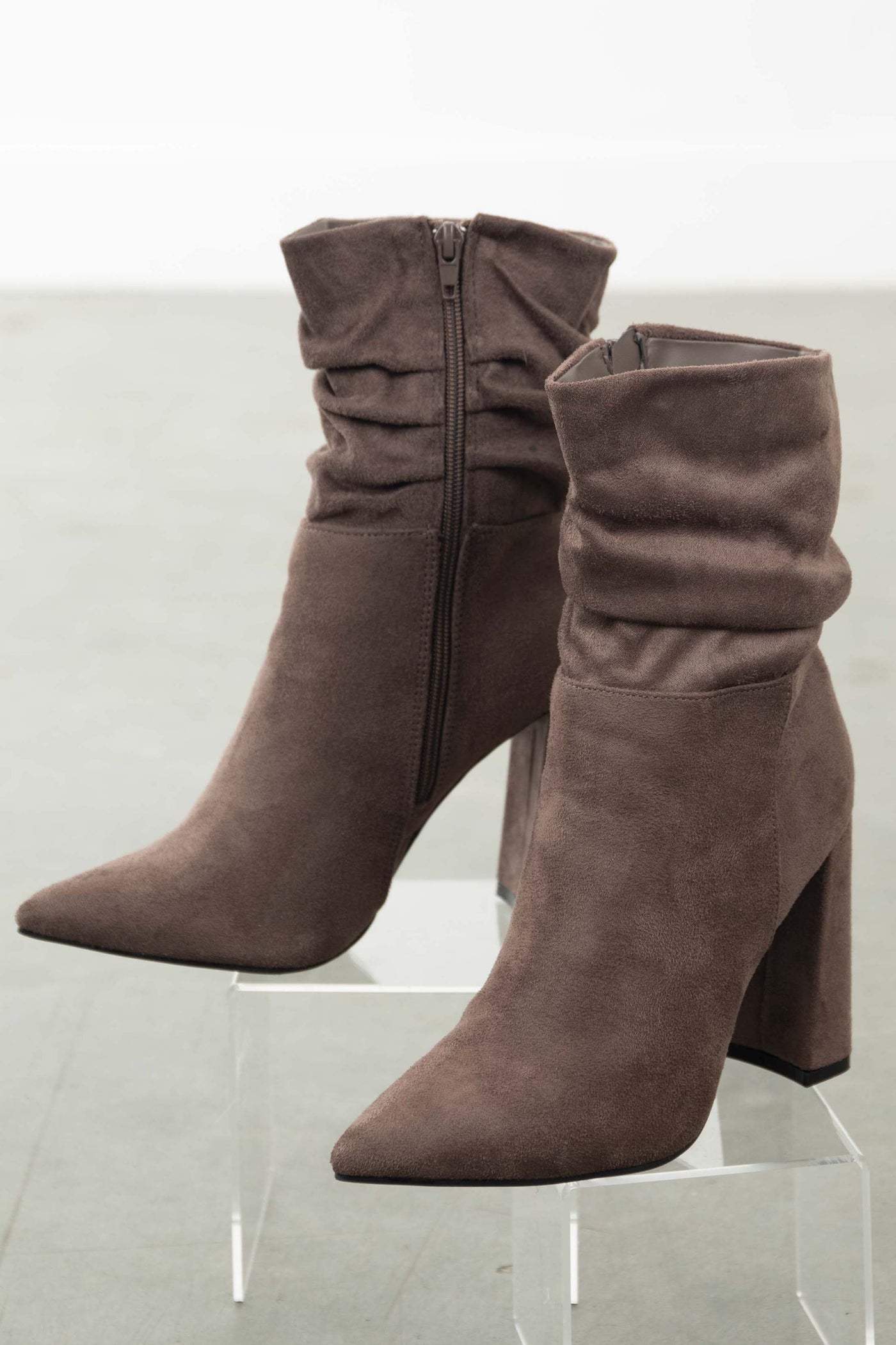 Mocha Suede Pointy Toe Slouchy Booties