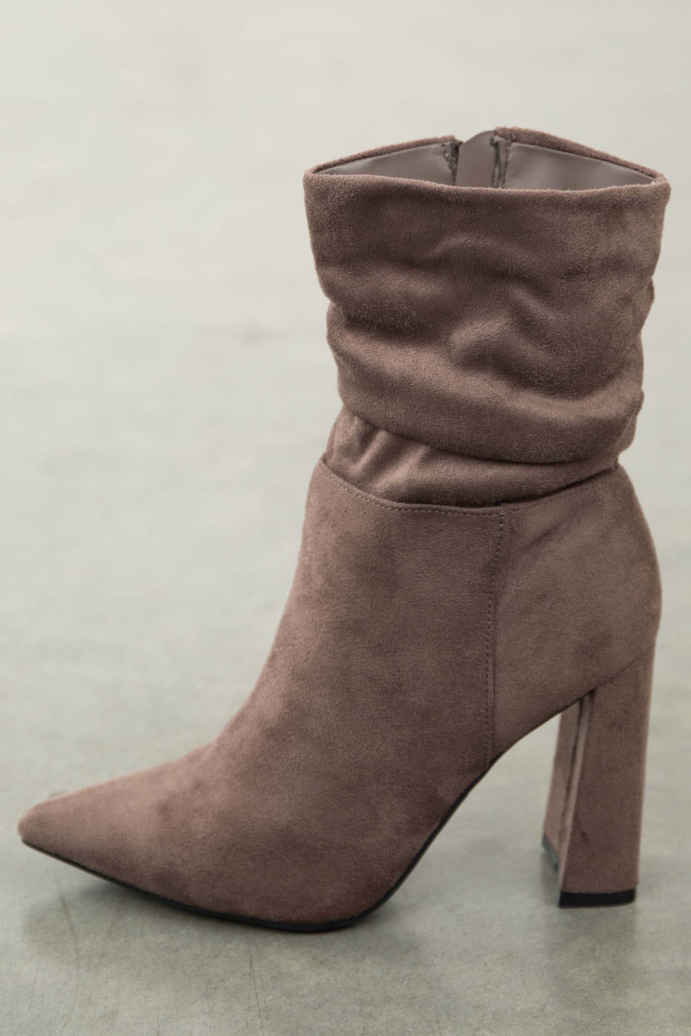 Mocha Suede Pointy Toe Slouchy Booties