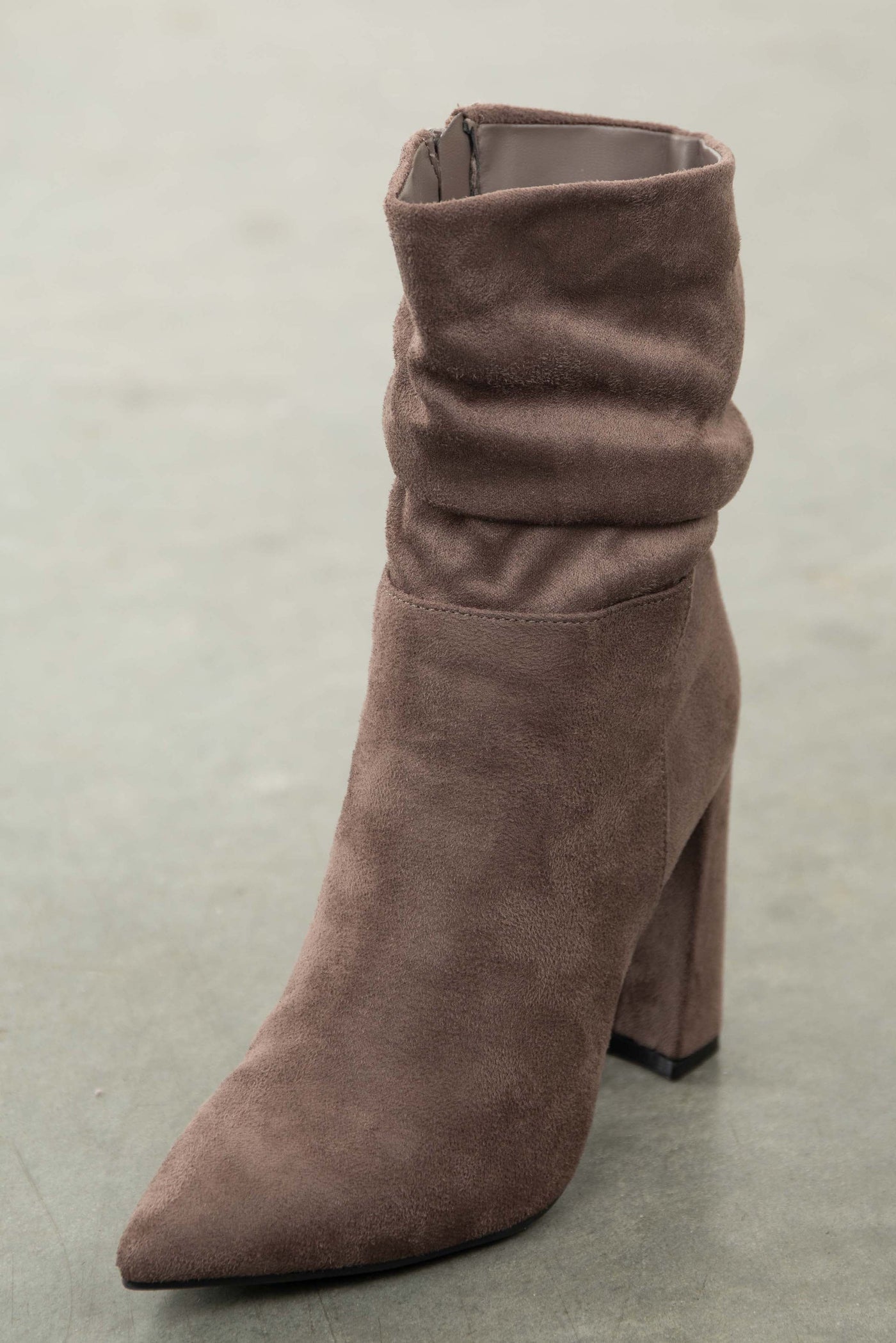 Mocha Suede Pointy Toe Slouchy Booties