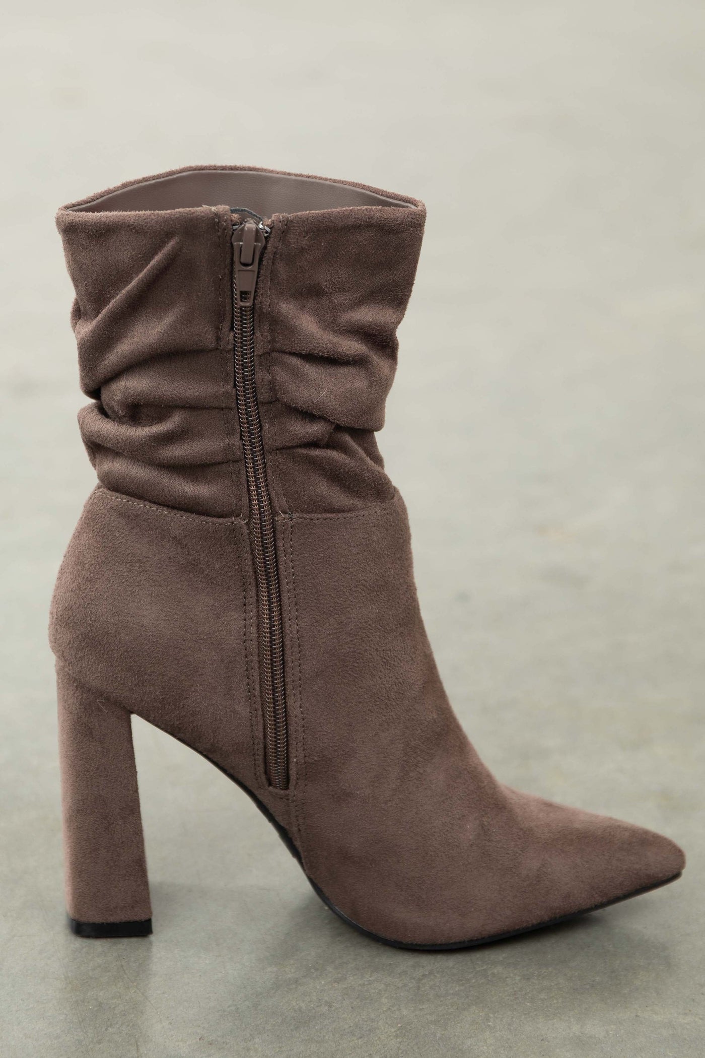 Mocha Suede Pointy Toe Slouchy Booties