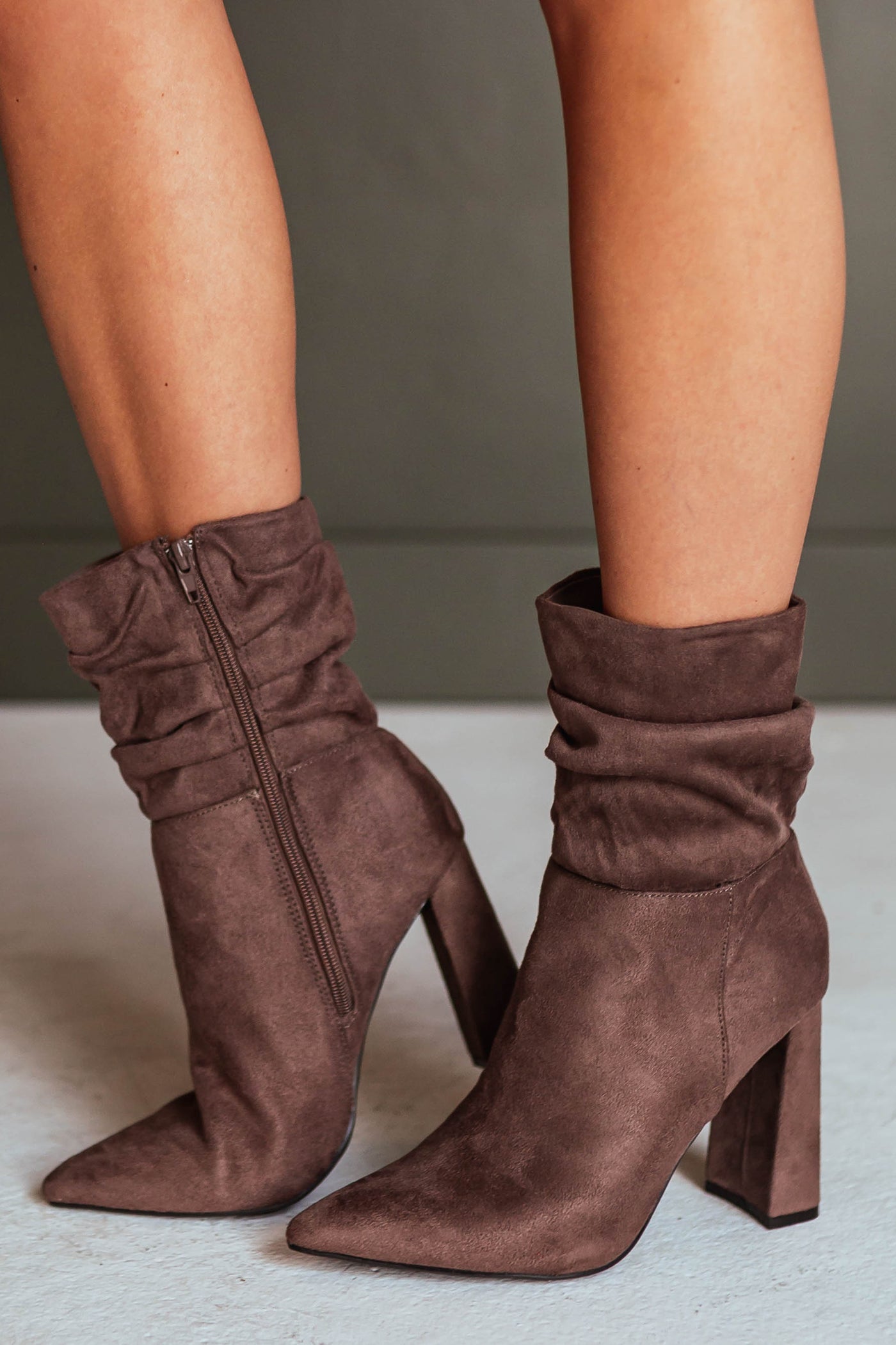 Mocha Suede Pointy Toe Slouchy Booties