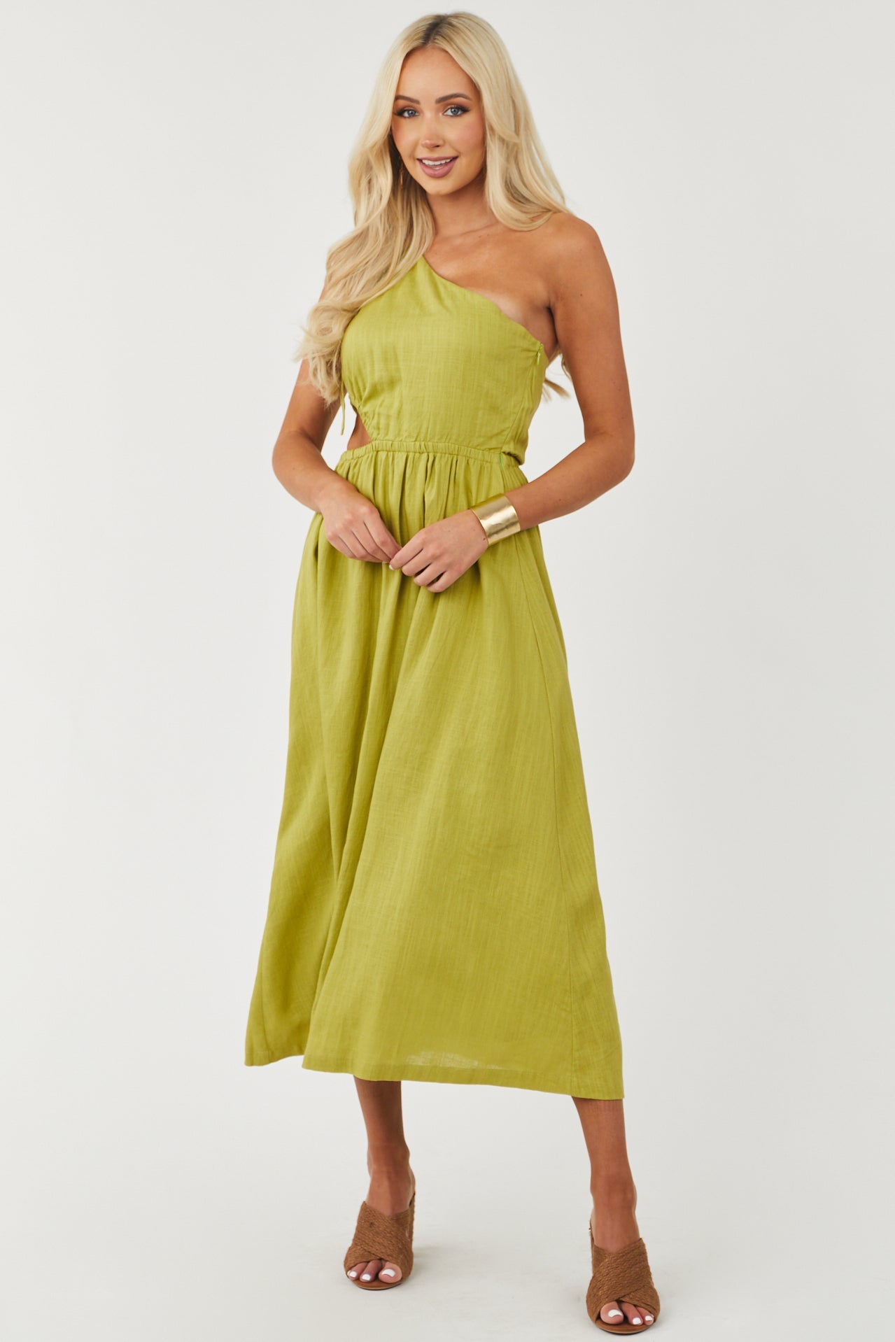 Moss Green One Shoulder Waist Cut Out Maxi Dress