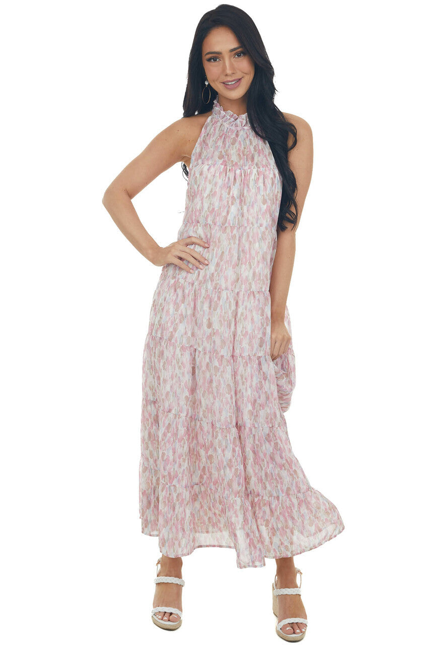 Mulberry Printed Halter Neck Tiered Midi Dress