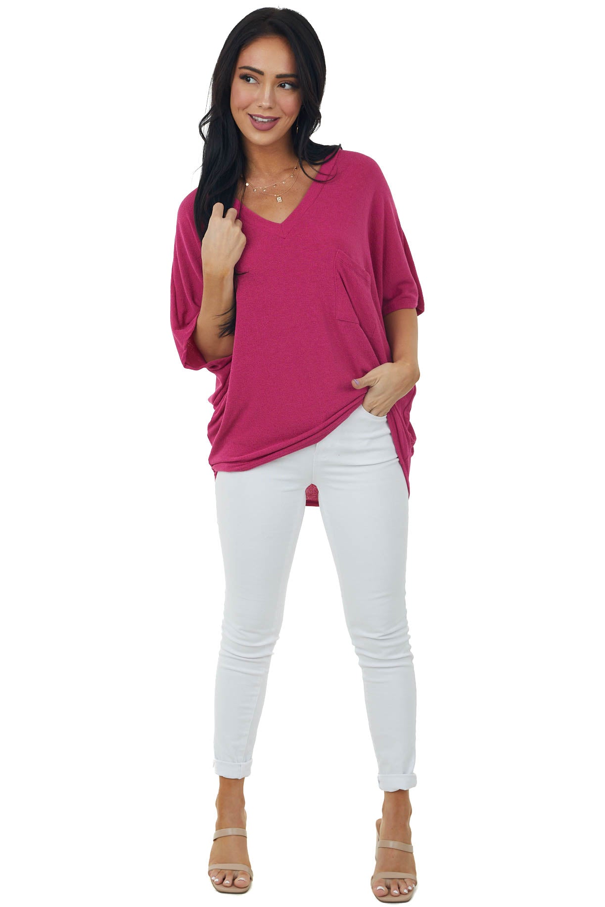 Mulberry Short Dolman Sleeve Chest Pocket Top