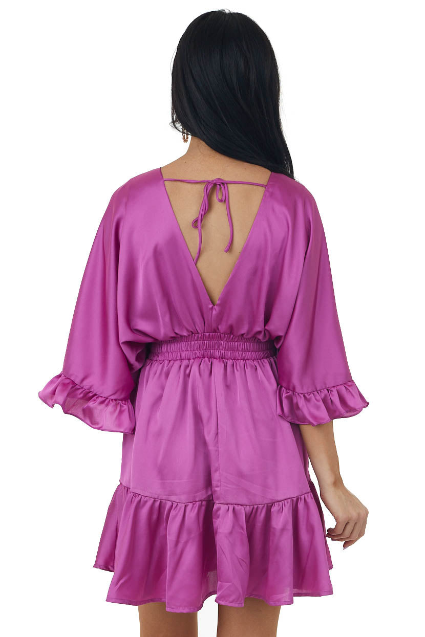 Mulberry Surplice Flutter Sleeve Satin Mini Dress