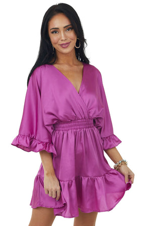 Mulberry Surplice Flutter Sleeve Satin Mini Dress