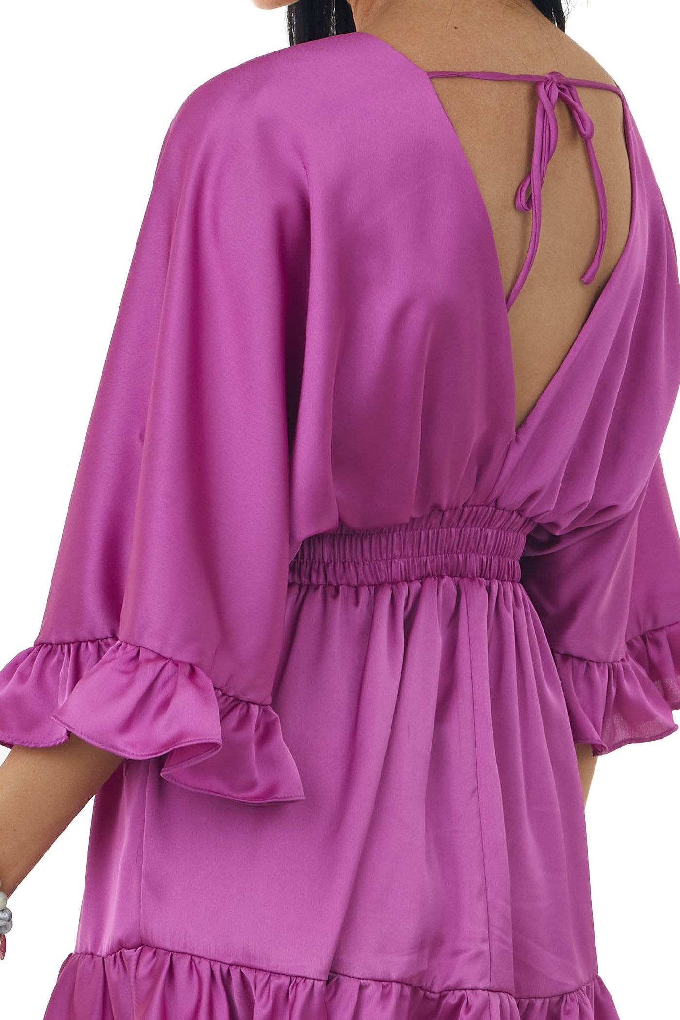 Mulberry Surplice Flutter Sleeve Satin Mini Dress