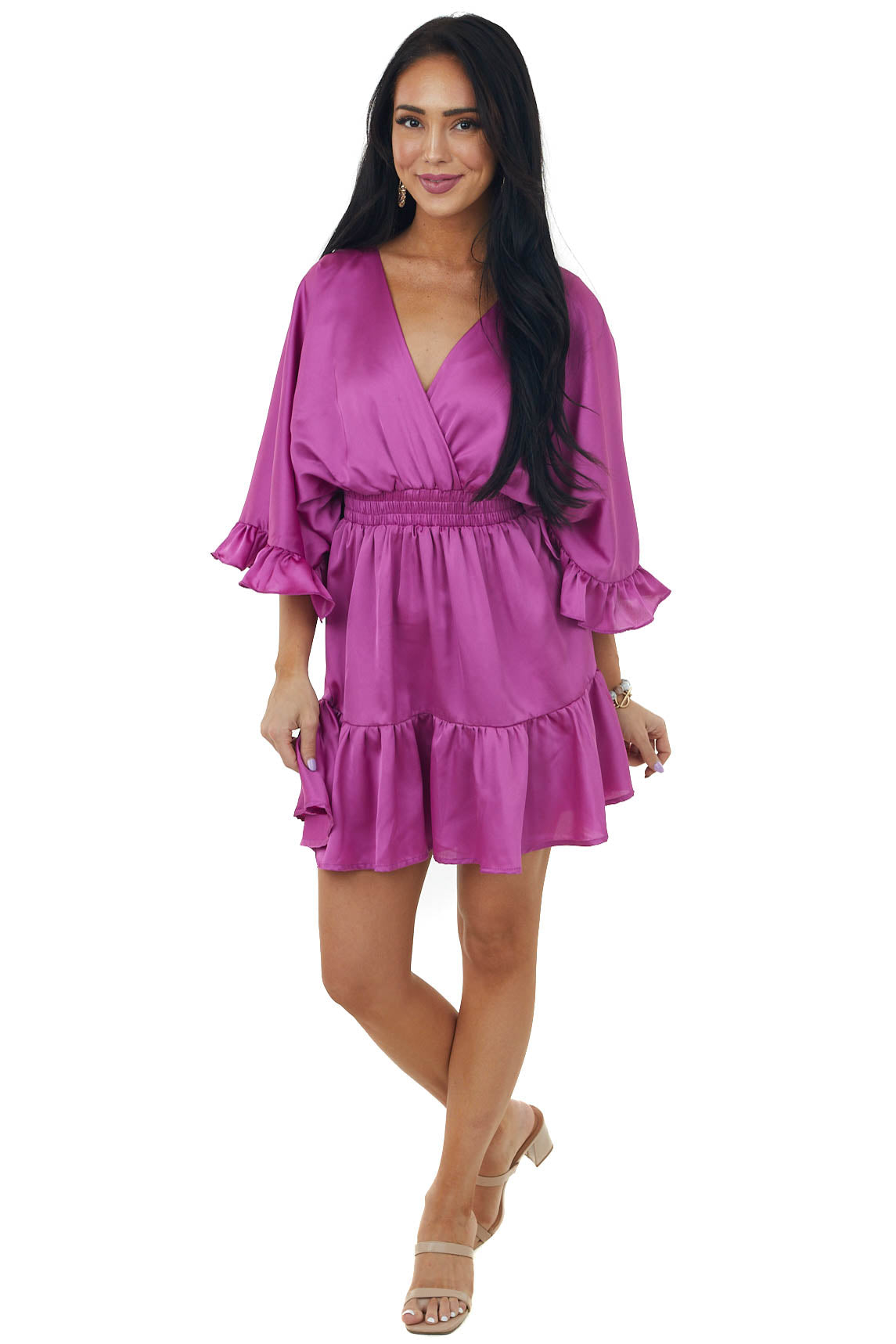 Mulberry Surplice Flutter Sleeve Satin Mini Dress