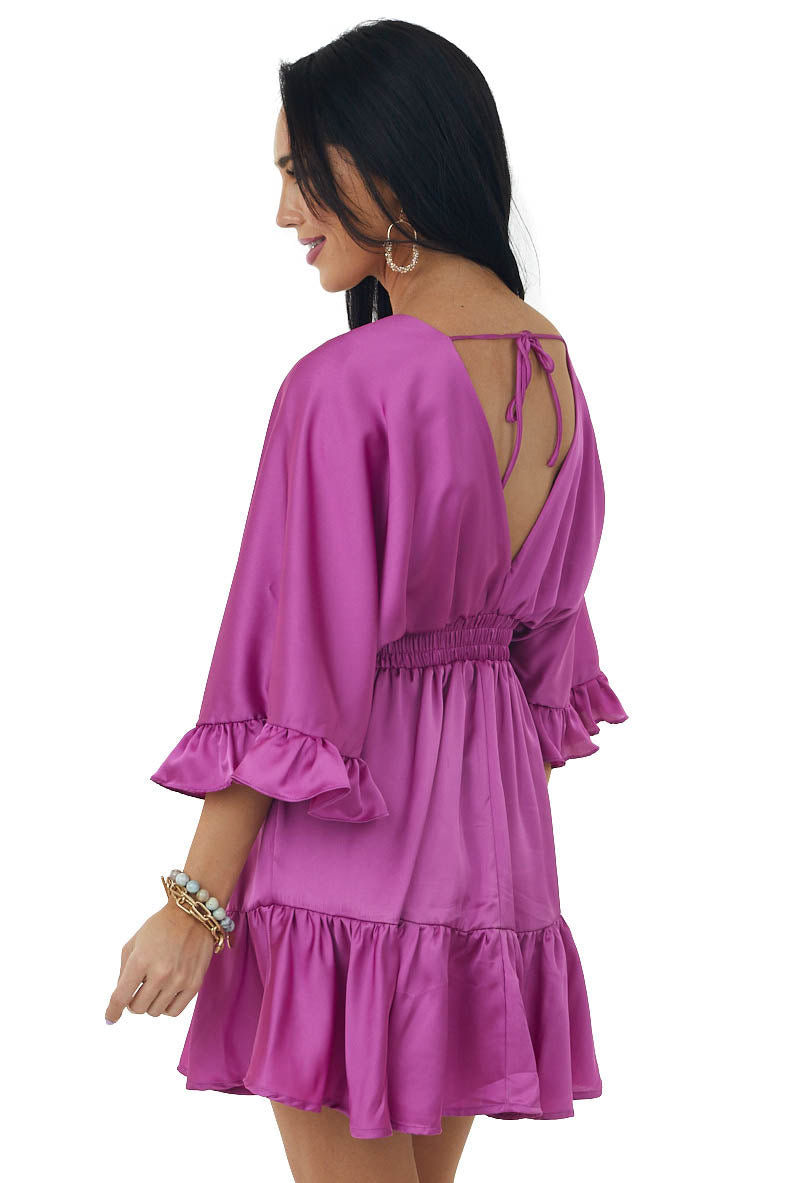 Mulberry Surplice Flutter Sleeve Satin Mini Dress
