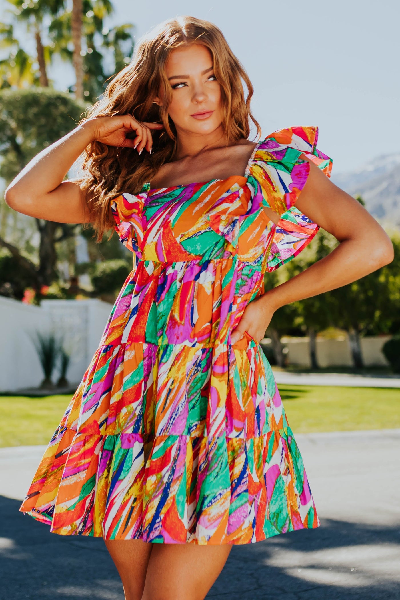 Multicolor Abstract Print Square Neck Mini Dress