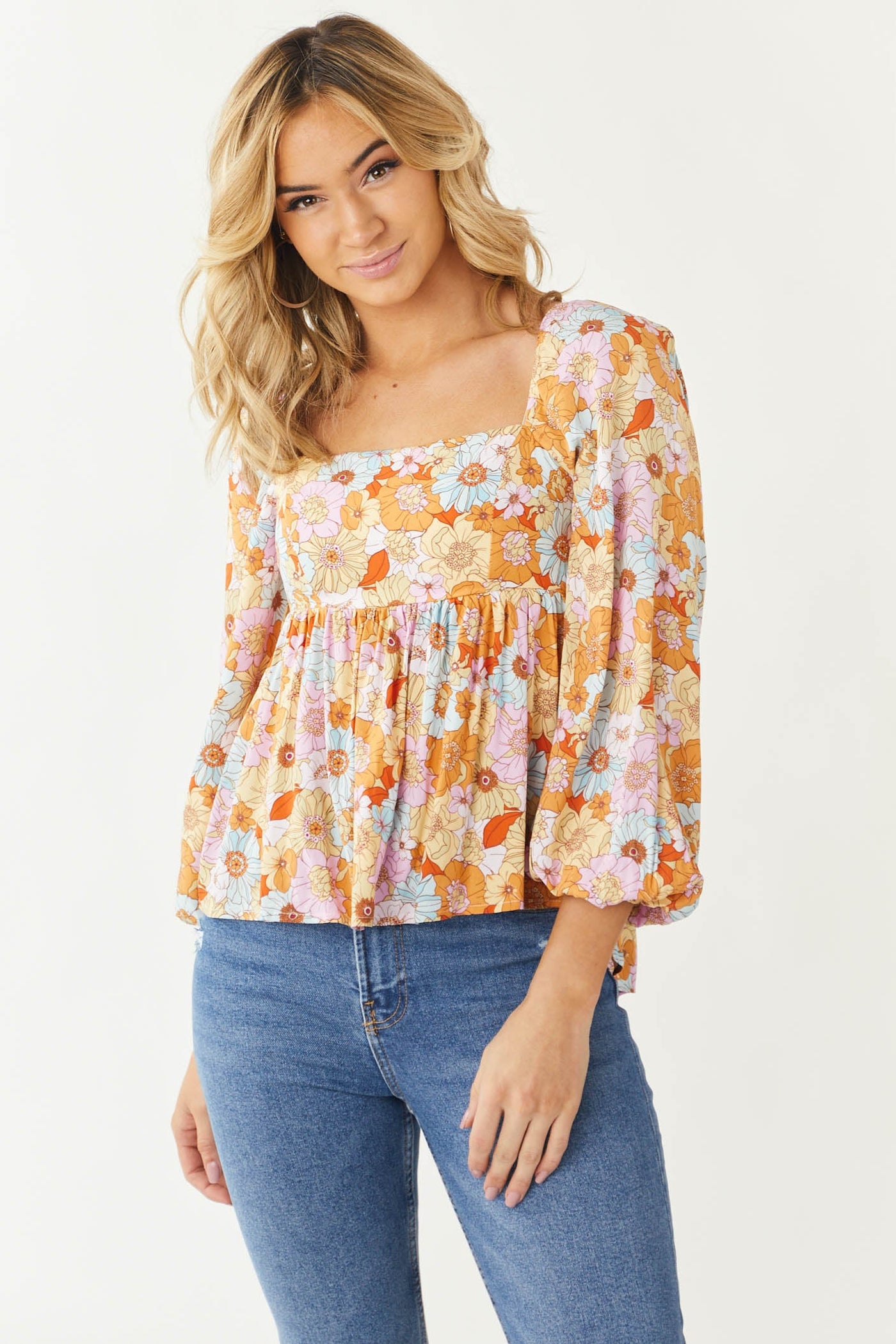 Multicolor Floral Print Bubble Sleeve Blouse