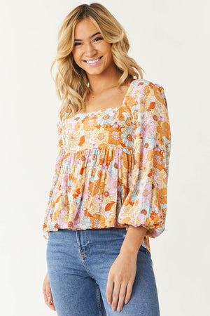 Multicolor Floral Print Bubble Sleeve Blouse