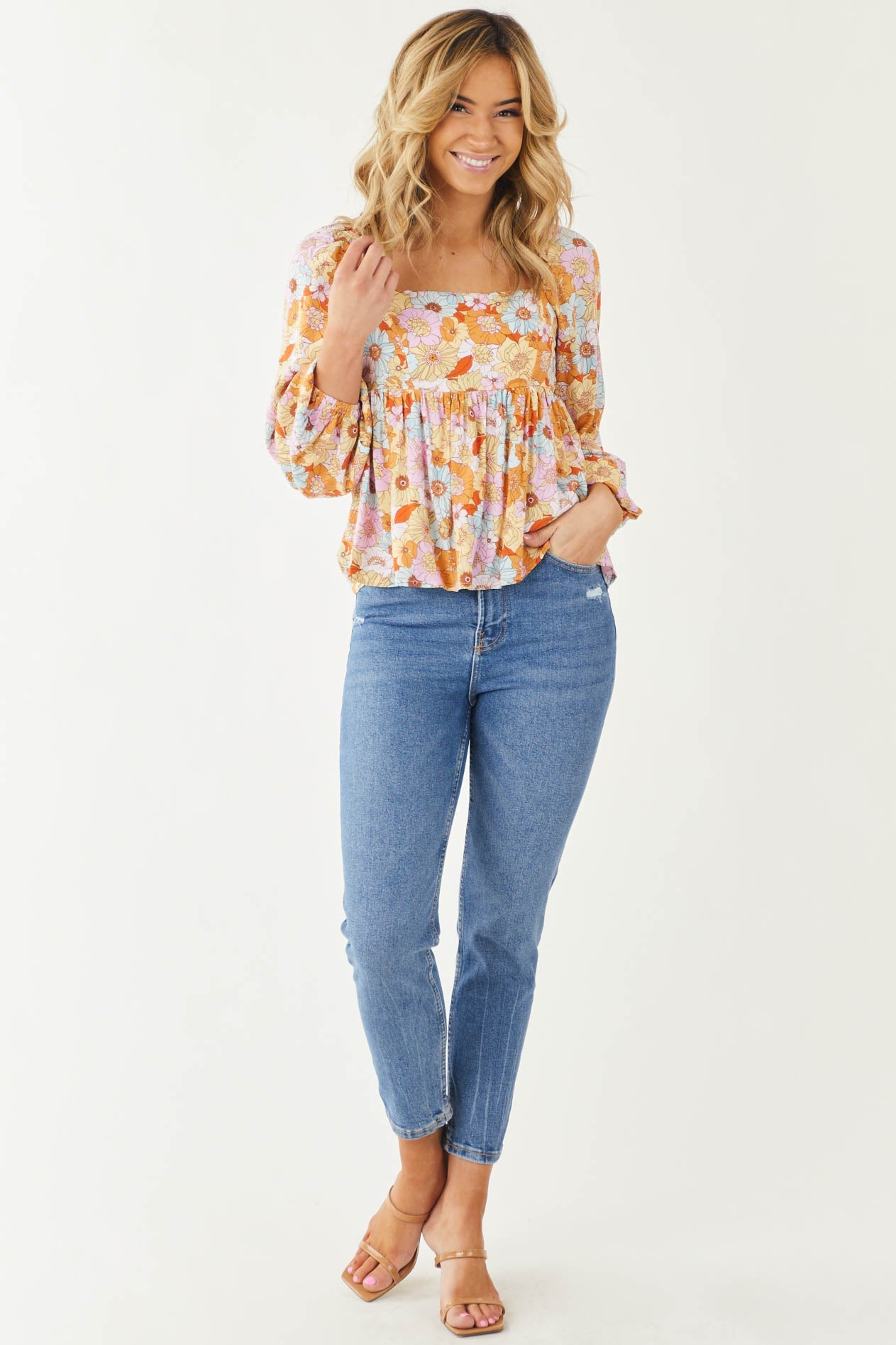 Multicolor Floral Print Bubble Sleeve Blouse