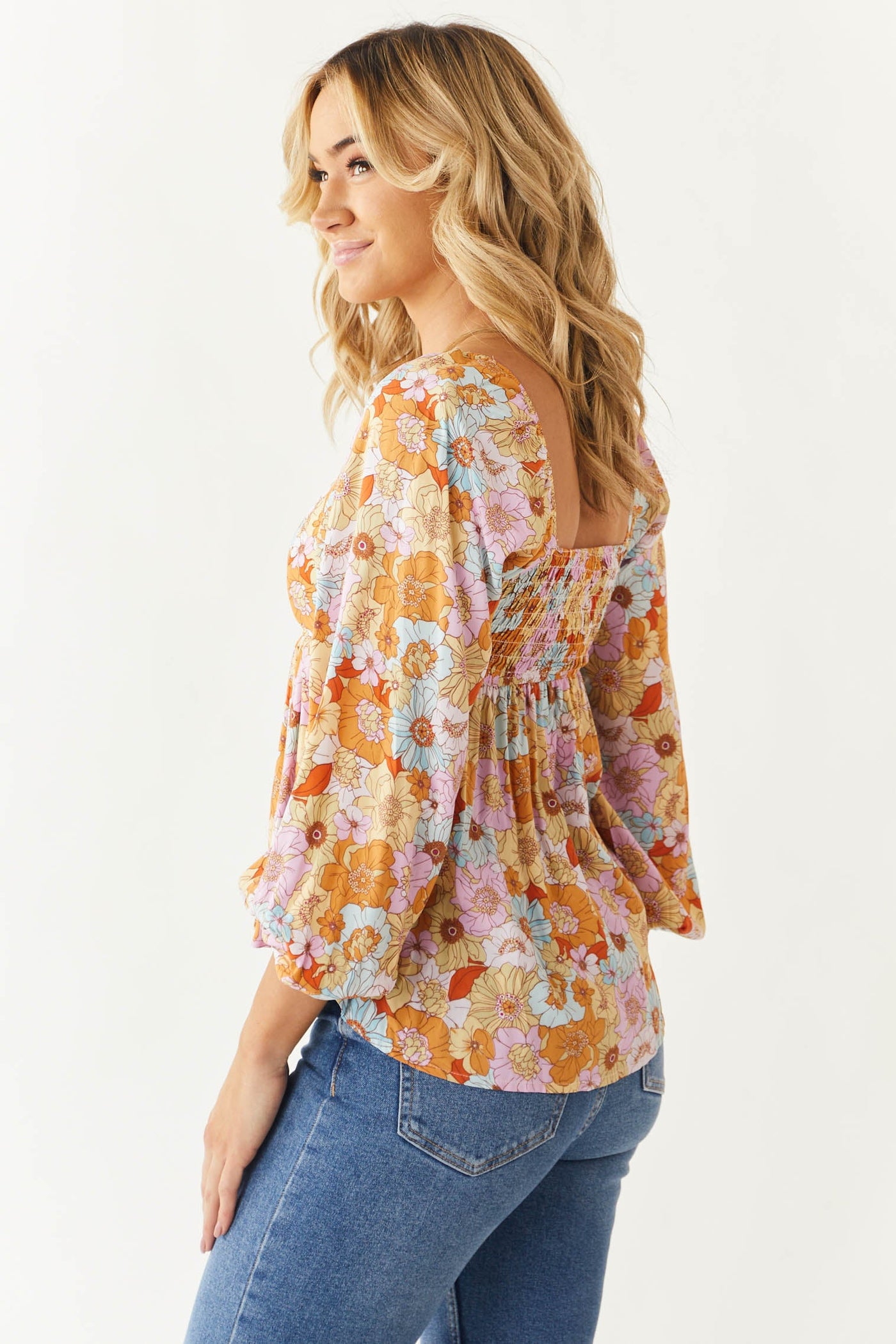 Multicolor Floral Print Bubble Sleeve Blouse